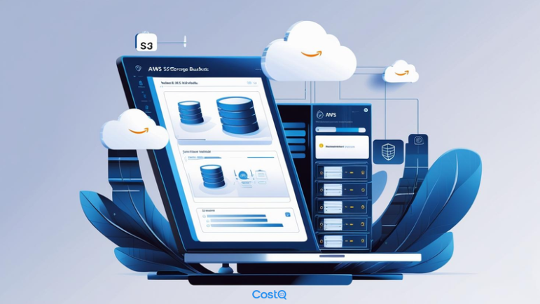 Illustration of AWS S3 storage buckets and cloud computing interface on a laptop screen