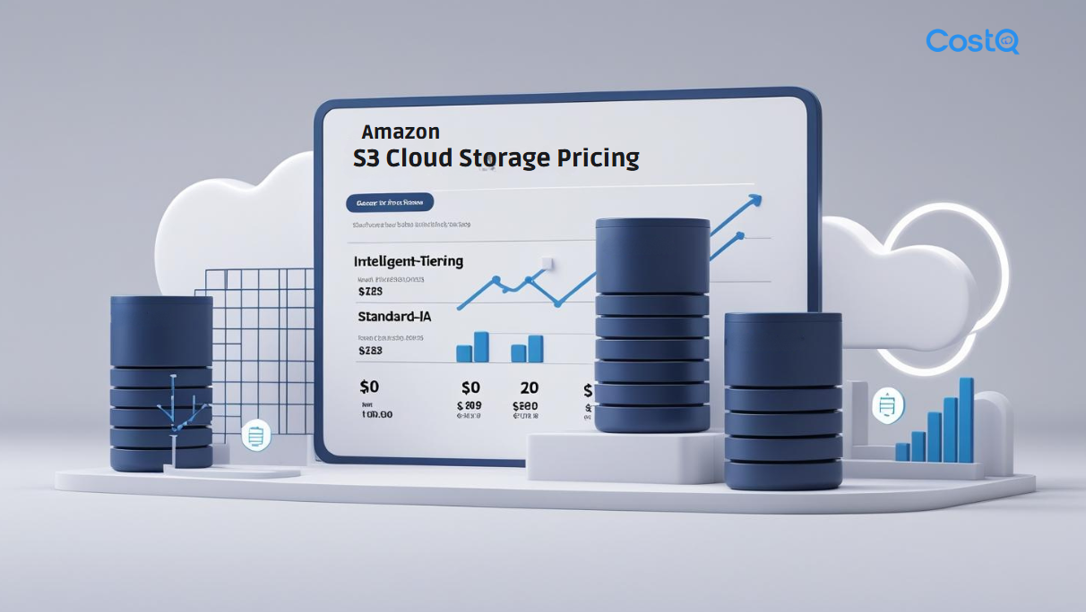 Amazon S3 Pricing chart showing Intelligent-Tiering and Standard-IA costs with database icons and upward trend graph