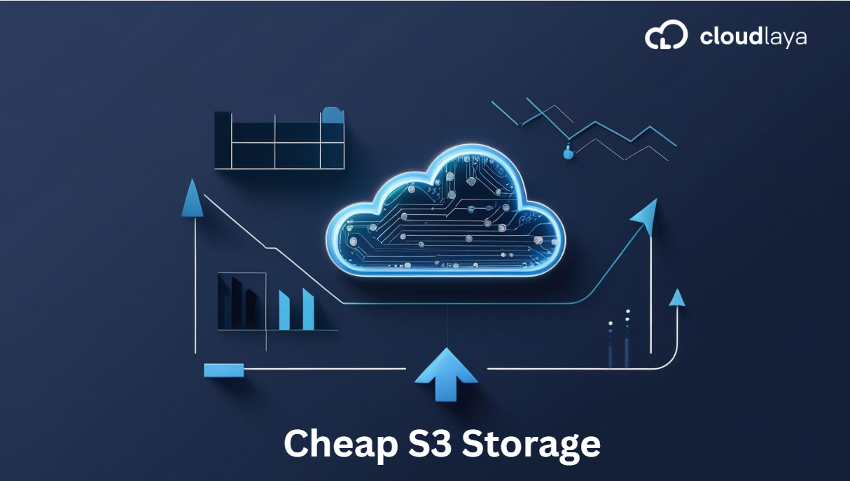 Digital cloud illustration with data charts representing Cheap S3 Storage solutions by Cloudlaya.