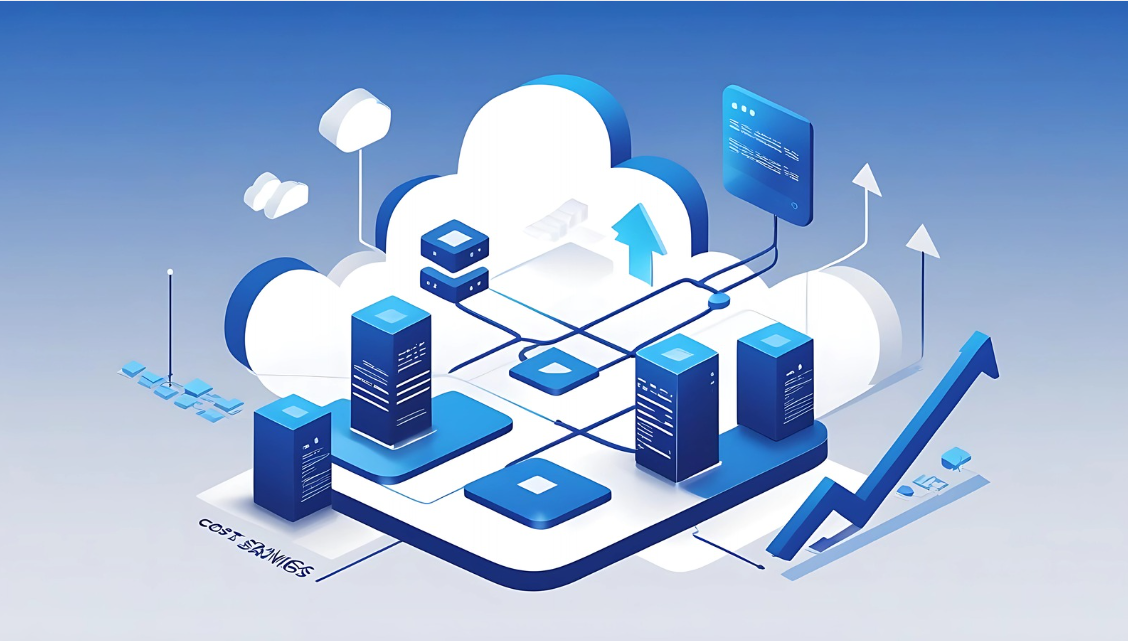 Illustration of cloud computing servers and cost savings, symbolizing AWS Lambda scalability and optimization.