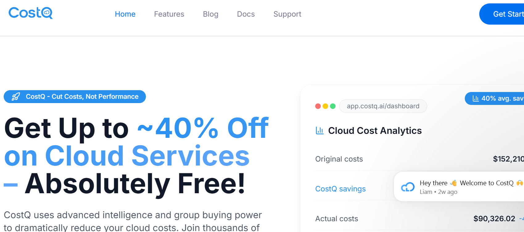 screenshot of CostQ landing page showing cloud cost analytics dashboard with focus on Kubernetes cost optimization and up to 40% cloud savings