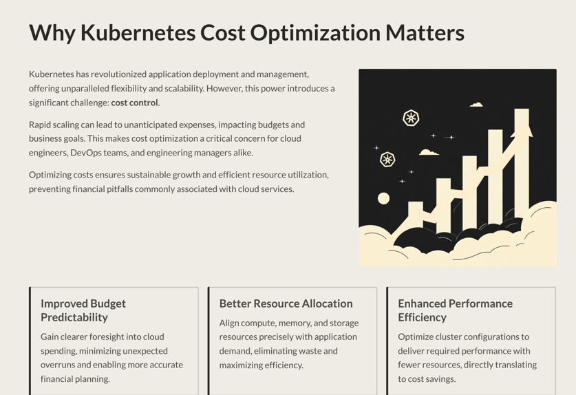 Infographic on why Kubernetes cost optimization matters with benefits like budget predictability and efficiency.