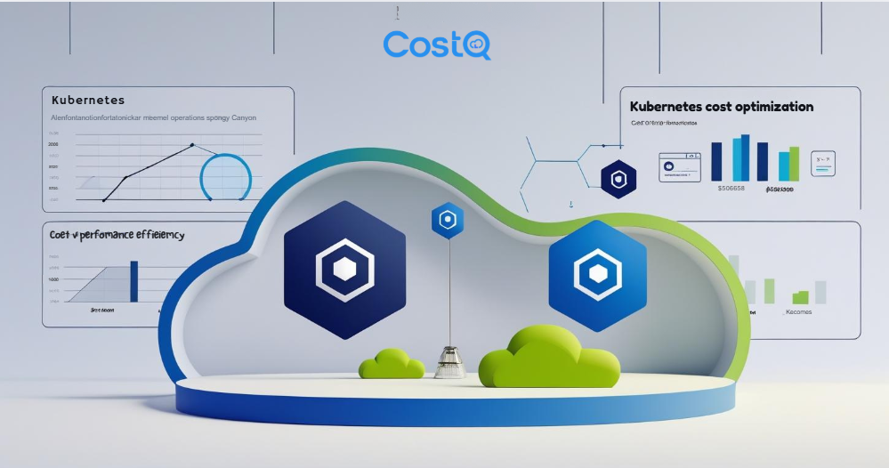 3D cloud illustration with Kubernetes icons, cost optimization charts, and performance efficiency dashboards.