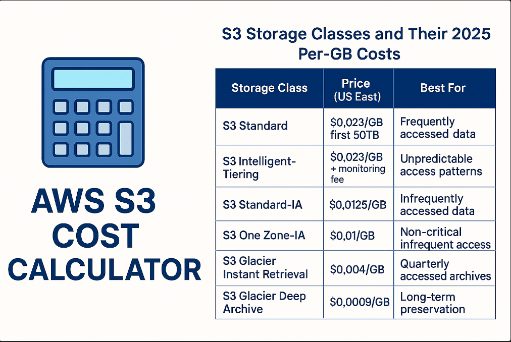  AWS S3 Cost Calculator graphic showing 2025 S3 storage classes, prices, and best use cases in US East region.