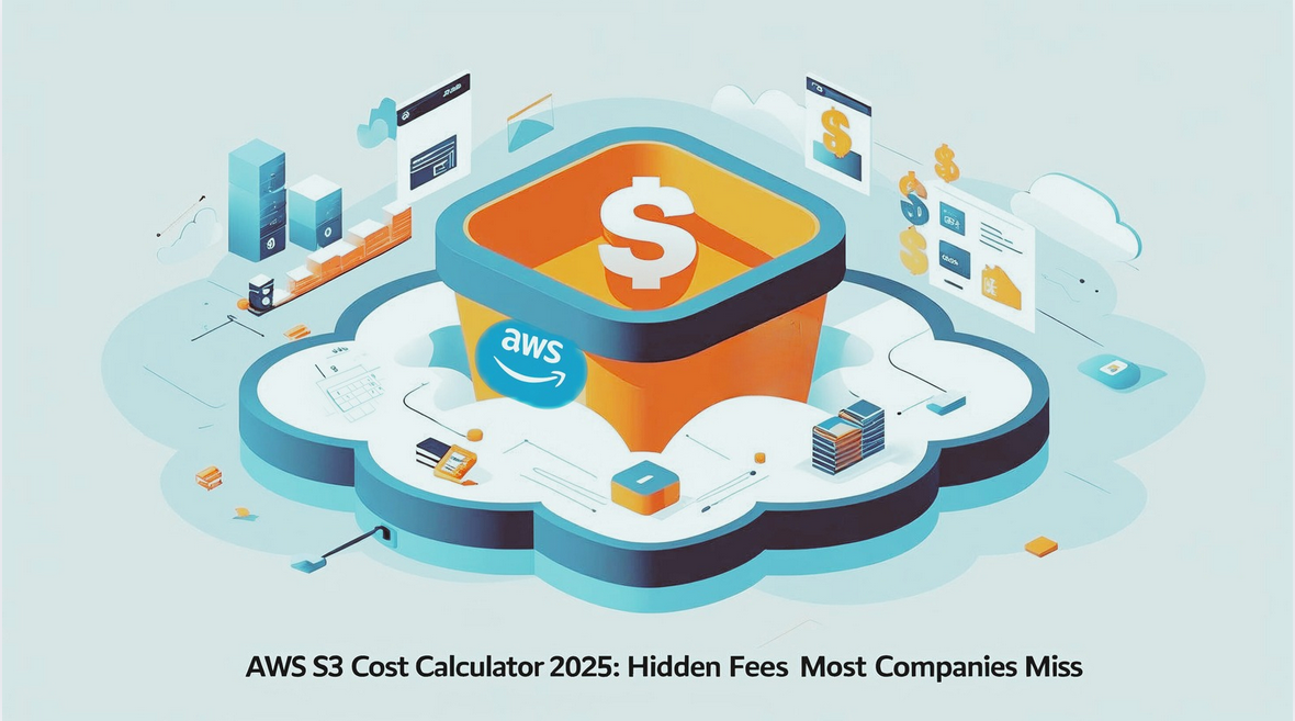 Illustration of AWS S3 cost calculator concept with an orange S3 storage bucket, dollar sign, and cloud computing icons representing pricing and cost optimization.