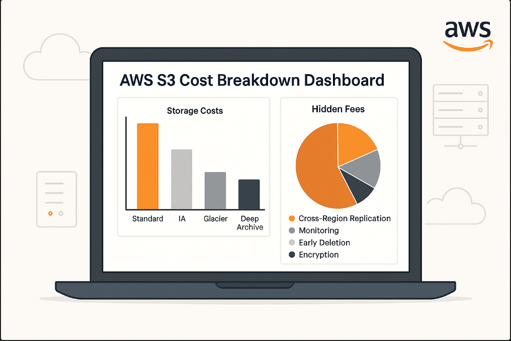 Laptop displaying AWS S3 Cost Calculator interface with charts and cost breakdown, surrounded by cloud storage icons.