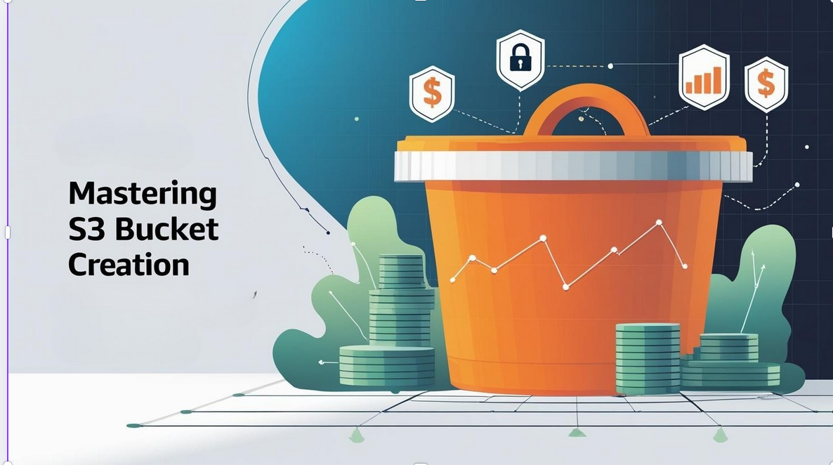 Orange S3 bucket with security, cost, and performance icons, coins, and trend lines beside “Mastering S3 Bucket Creation” title.