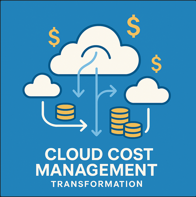 Vector illustration of Low cloud cost management showing cloud icons, arrows, and stacked coins with the text “Cloud Cost Management Transformation,” symbolizing financial optimization.