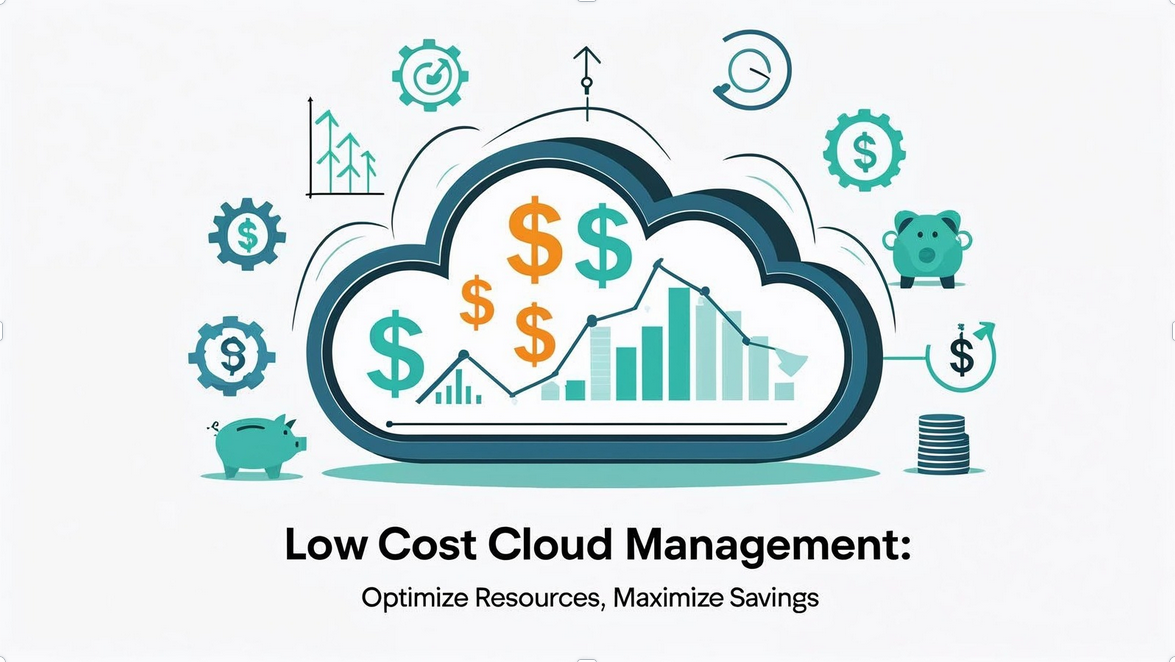 Flat vector illustration of low cloud cost management showing a cloud with dollar signs, charts, gears, piggy bank, and arrows, symbolizing optimized resource allocation and financial savings.