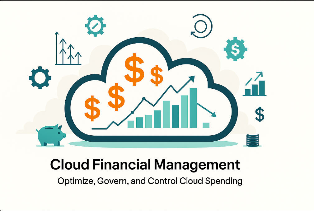 Flat-style digital illustration promoting Cloud Financial Management with CostQ, showing cloud infrastructure, financial graphs, and cost optimization flow.