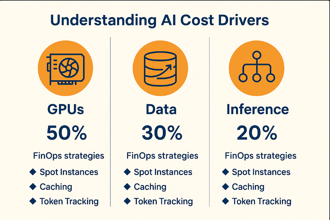 Diagram showing key AI cost drivers: GPUs, Data, and Inference with FinOps optimization strategies FinOps for AI 
