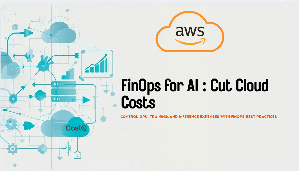 Flat illustration showing cloud servers, GPUs, and financial graphs representing FinOps for AI cost optimization at scale